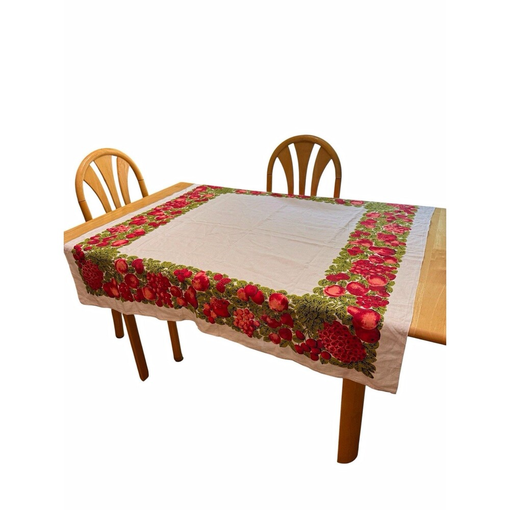 Vintage Fruit Border Print Tablecloth Off White Red Green 50 x 50